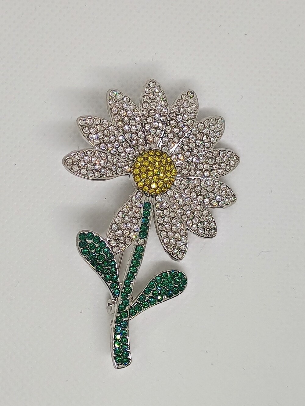 Rhinestone Daisy Brooch Pin Floral Flower Power 3" For Scarf Coat White, Yellow